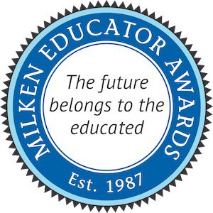 A blue and white logo with the words milken educator awards.